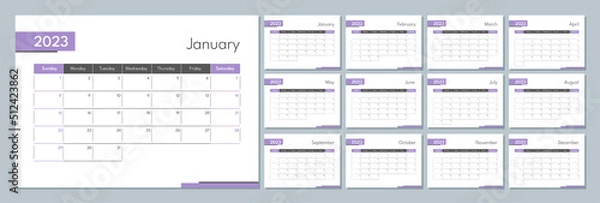 Fototapeta 2023 calendar template. Corporate and business planner diary. The week starts on Sunday. Set of 12 months pages.