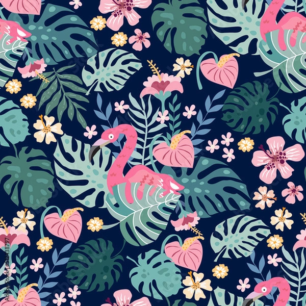 Fototapeta Flamingo bird seamless pattern with tropical leaves , flowers, liana, monstera pattern  Vector illustration