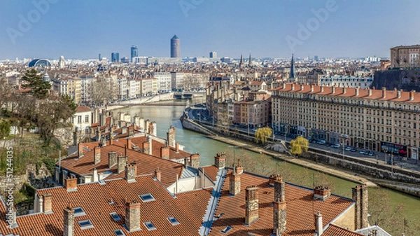 Fototapeta vue panoramique de Lyon et du virage des quais de Saône