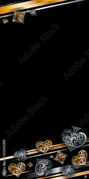 Fototapeta Vertical background with vector playing card suit symbols made by floral elements. Vintage luxury illustration in silver and golden colors on black backdrop. Poker banner