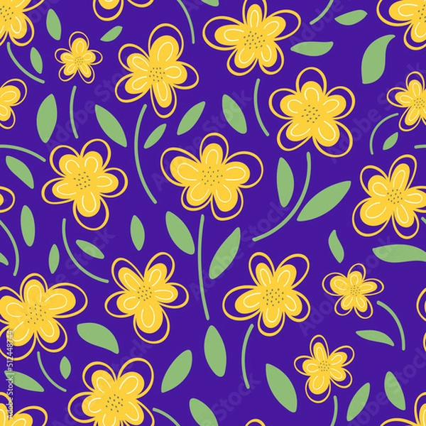 Obraz Yellow flowers on purple background seamless pattern.