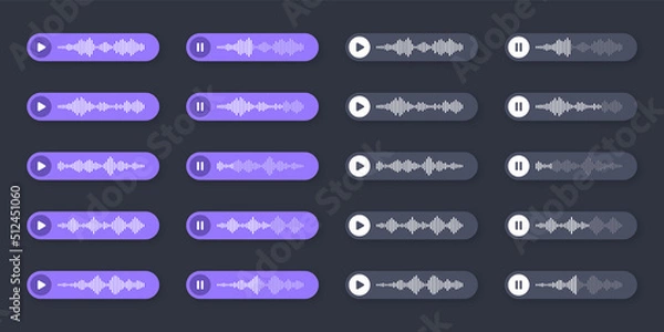 Fototapeta Voice, audio message, speech bubble. SMS text frame. Social media chat or messaging app conversation. Voice assistant, recorder. Sound wave pattern. Dark mode. Vector illustration