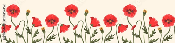 Fototapeta Seamless vector floral border with red poppies. Bright colorful horizontal ornament with flowers for prints, fabrics and backgrounds. Surface design. Vivid colors. Hand drawn flat doodle illustration 