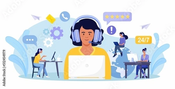 Fototapeta Customer support. Contact us. Woman with headphones and microphone with laptop talking with clients. Personal assistant service, hotline operator advises customer, online global technical support