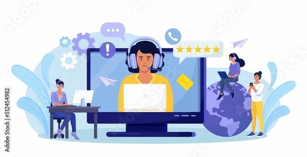 Fototapeta Customer support. Contact us. Woman with headphones and microphone talking with clients on computer screen. Personal assistant service, hotline operator advises customer, online technical support