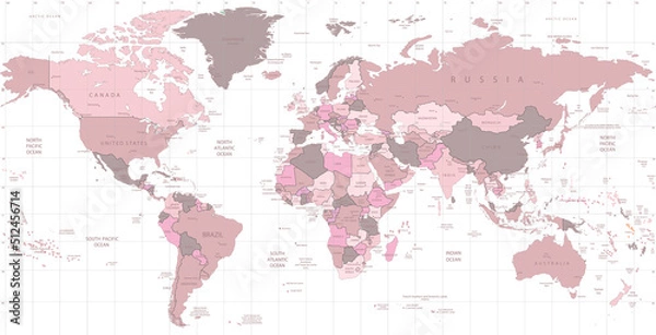 Fototapeta Pink world map with names of countries and their capitals