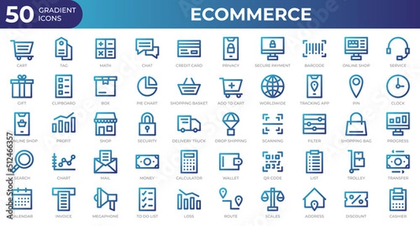 Fototapeta Set of 50 Ecommerce web icons in gradient style. Credit card, profit, invoice. Gradient icons collection. Vector illustration