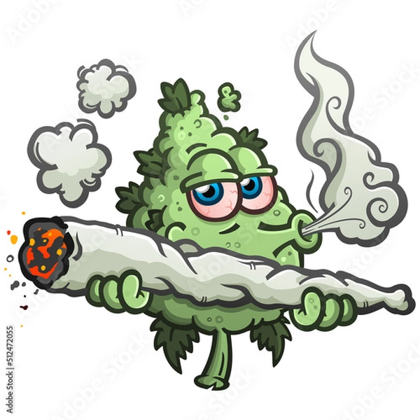 Obraz A marijuana bud cartoon character smoking a huge rolled joint and puffing smoke