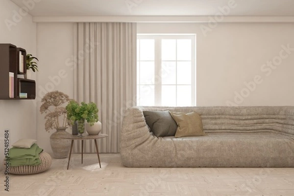 Fototapeta White living room with sofa. Scandinavian interior design. 3D illustration