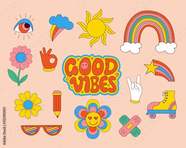 Fototapeta Set of Retro 70s groovy elements, cute funky hippy stickers and lettering motivational slogan of Good vibes. Vector hand drdawn psychedelic clipart. Isolated cartoon positive symbols 