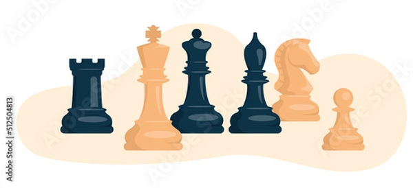 Obraz Chess. Set of white and black chess pieces. Knight, rook, pawn, bishop, king, queen. Vector image.