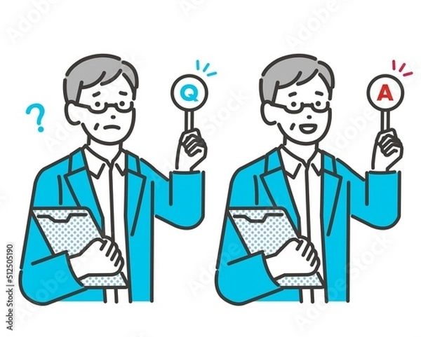Obraz Q＆Aが書かれた棒を持つシニア男性のベクターイラスト素材／健康／終活／説明／質問