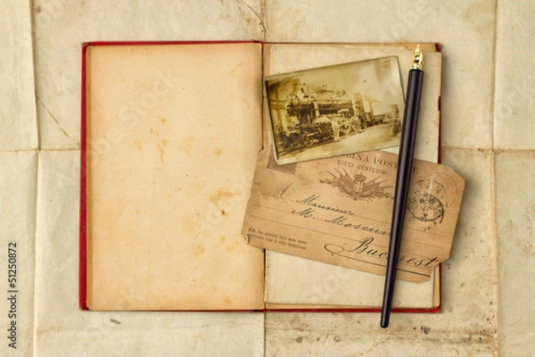 Obraz Vintage background with old post cards and empty open book