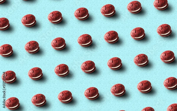 Fototapeta pattern with red cakes, many cakes, cakes on a blue background, wupi pie