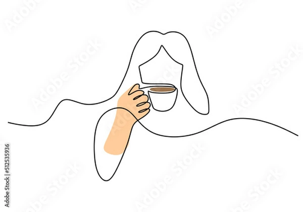 Fototapeta One continuous single line of hand drawn with long haired girl drinking coffee isolated on white background.