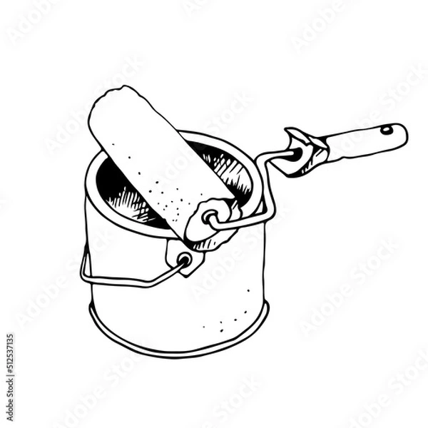 Fototapeta Paint roller on a bucket of paint, vector hand drawn illustration, isolated on a white background