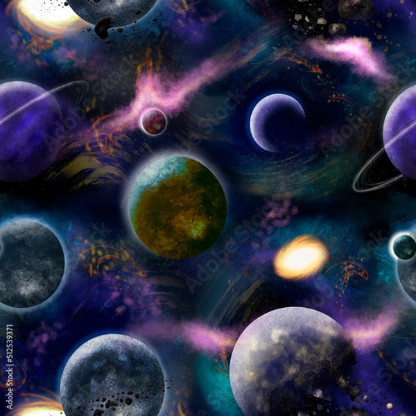 Fototapeta seamless pattern with the image of space, planets, stars, nebulae. realistic galaxy