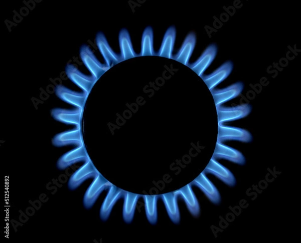 Fototapeta methane gas flame of a home cooker, top view, black background