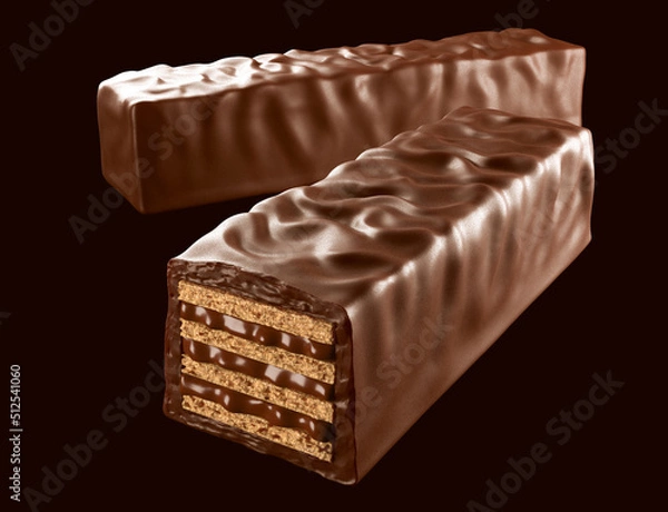 Obraz Chocolate coated crispy wafer bar. Isolated on background. 3d illustration