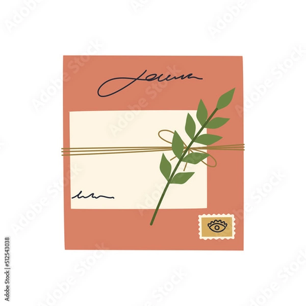 Fototapeta Envelope with postage stamp and paper blank with romantic message and plant. Postal correspondence concept. Hand drawn vector illustration isolated on white background. Modern flat cartoon style.