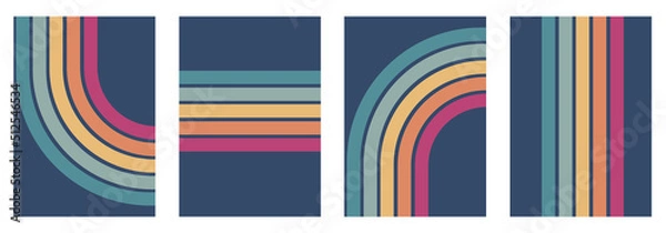 Fototapeta Abstract rainbow colours retro groovy lines bold 4 backgrounds bundle set collection. pink orange yellow blue stripes.