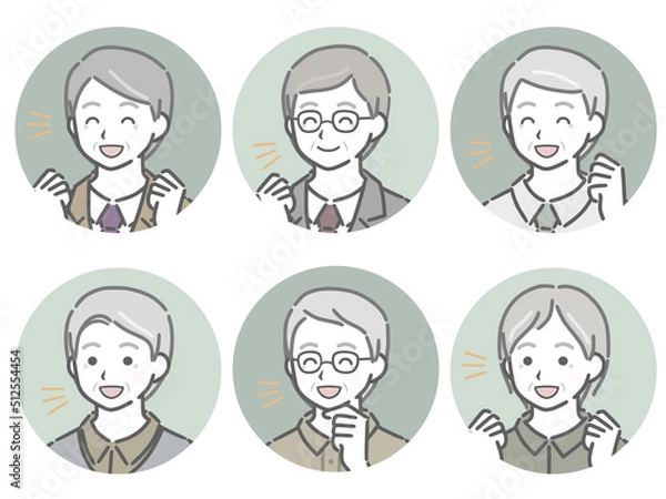 Fototapeta 喜ぶ高齢男性の斜め向き丸アイコンセット