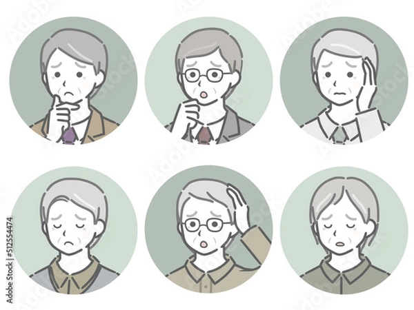 Fototapeta 困る高齢男性の斜め向き丸アイコンセット