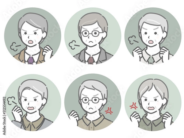 Fototapeta 怒る高齢男性の斜め向き丸アイコンセット