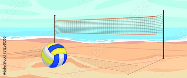 Fototapeta Volleyball net and ball on sand in summer background. Active lifestyle on beach with sand near sea or ocean with sky. Beach volleyball court with an ocean background.