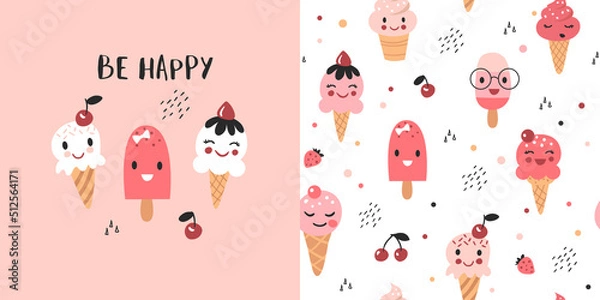 Fototapeta Cute kids pattern with ice creams, seamless background, and baby print. Vector texture for kids bedding, fabric, wallpaper, wrapping paper, textile, t-shirt