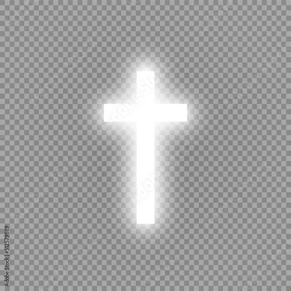 Fototapeta Shining white cross and sunlight special lens flare light effect on transparent background. Glowing saint cross. Vector illustration