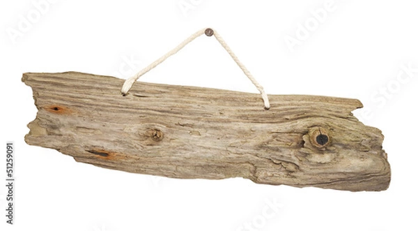 Obraz isolated Driftwood wooden sign board on string