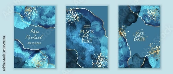 Fototapeta Set of vertical backgrounds. Blue watercolor fluid painting vector design. Dusty pastel, neutral and golden marble. Dye elegant soft splash style. Alcohol ink imitation. Wedding cards.