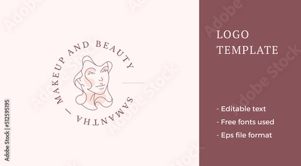Obraz Elegant female face continuous line circle logo with place for text vector illustration