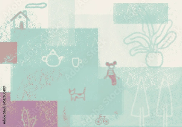 Fototapeta ブロックの模様に手描きの猫・人・家・植物のある背景イラストブルー系