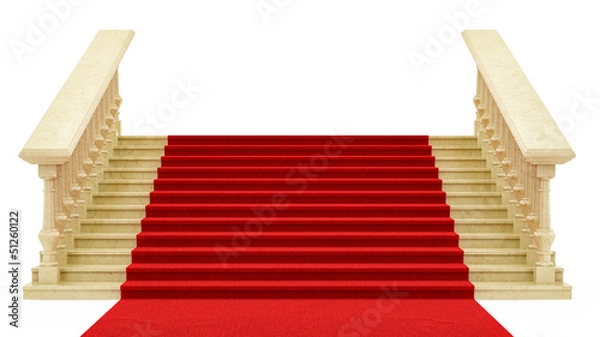Obraz render of a red carpet on stairs, isolated on white