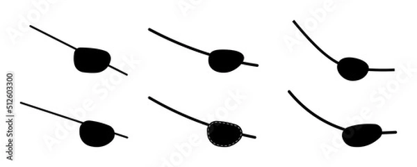 Obraz Pirate eye patch or blindfold ophthalmology injury mask set vector illustration. Corsair simple black silhouette eyepatch flat design isolated on white background.