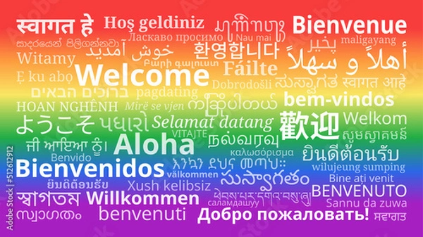 Obraz "Welcome" messages in different languages on Rainbow background