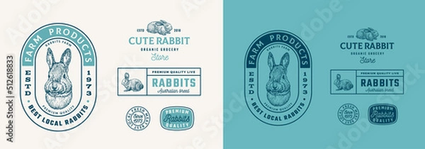 Fototapeta Rabbits Farm Retro Framed Badges or Logo Templates Collection. Hand Drawn Hare Face and Animals Sketches with Retro Typography. Vintage Sketch Emblems Set Isolated