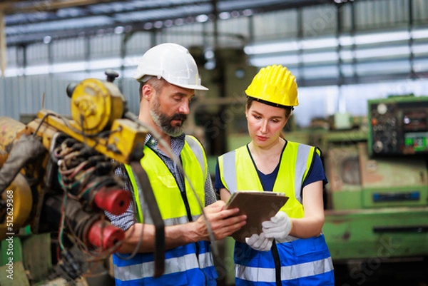 Fototapeta Service and maintenance concept. Service manager male engineer explain the procedure for using the correct metal robot machine at lathe industrial factory.