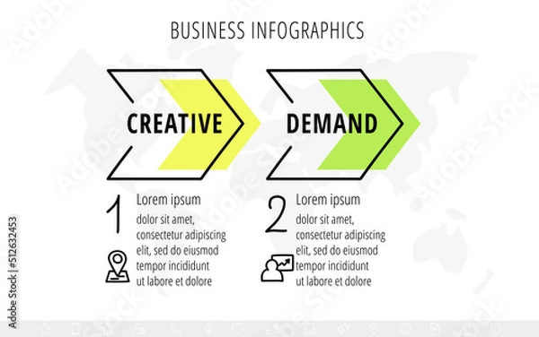 Fototapeta Business modern creative design. Linear infographic timeline. Template process with 2 steps, arrows, and options. Vector illustration.