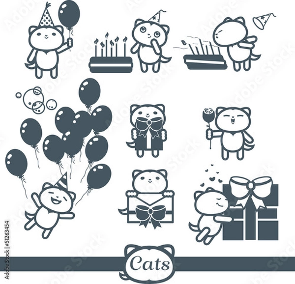 Obraz Cats color icons. 8 Symbols Set: happy birthday
