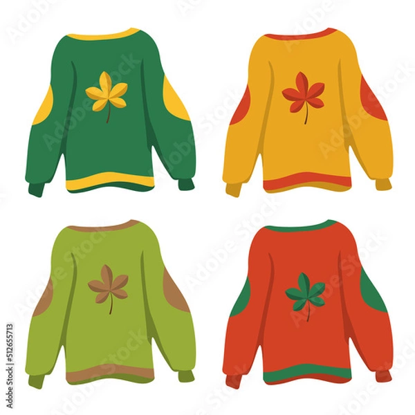 Obraz a set of autumn sweaters in yellow, green and red with a leaf in a flat style. reverse image.