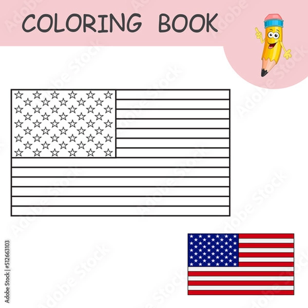 Fototapeta Coloring book with cartoon American flag. Color the Flag USA use to sample. National symbol for Independence, Memorial, President's day. Template of practice worksheet with Flag of the United States.