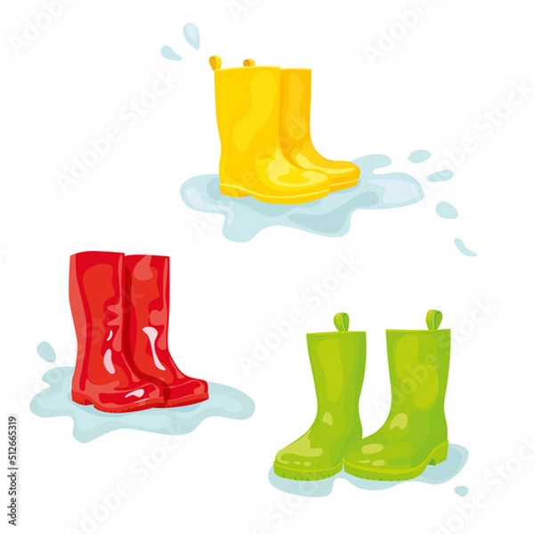 Obraz Set of colorful rubber boots in puddle of water. Vector illustration