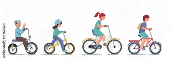 Obraz Kids riding bikes. Illustration of a group of kids biking on bicycles. Vector boys and girls isolated on white background. Children's activity.