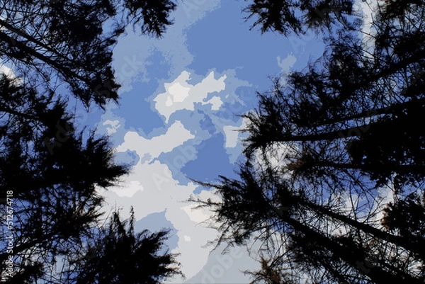 Fototapeta illustration of treetops on a blue sky background