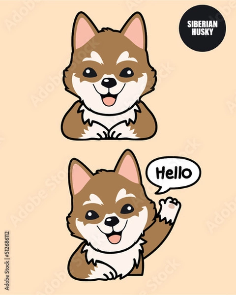 Fototapeta Brown Siberian Husky with a smile and hello action. 2D cute cartoon character design in flat style. 