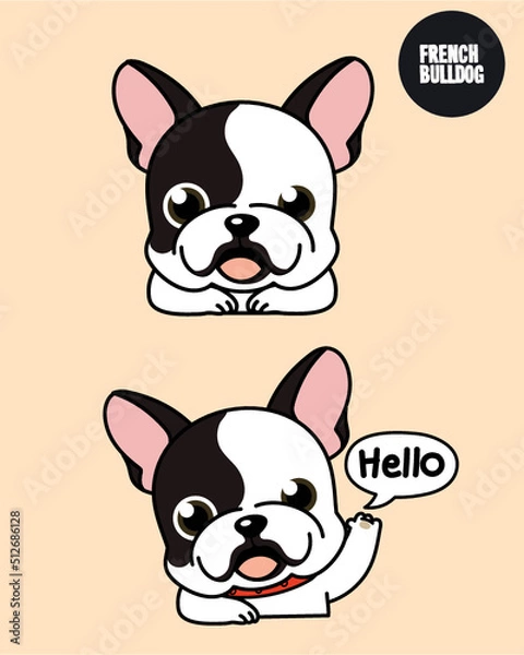 Fototapeta White French bulldog puppies with a smile and hello action. 2D cute cartoon character design in flat style. 
