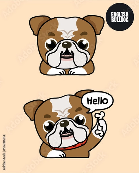 Fototapeta English bulldog with a smile and hello action. 2D cute cartoon character design in flat style. 

